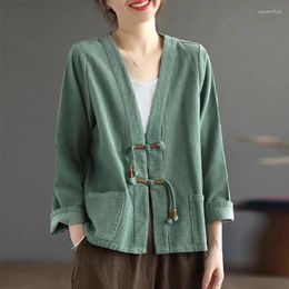 Women's Jackets Chinese Style Retro Corduroy Jacket 2024 Short Women Spring Autumn Coat Cardigan V-Neck Coil Buckle Casual Outerwear Female