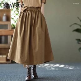 Skirts Women Brown Long Skirt Pockets Summer A Line Pleated Midi Spring Vintage Casual Elastic Waist Cotton Blend Black