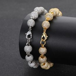 8mm Hip Hop Round Beads Ball Chain Bracelets 5A Zircon Gold Women Mens Jewellery