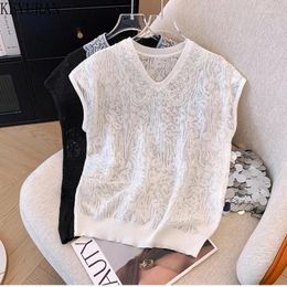Women's Tanks 2024 Summer Sleeveless Knitted Vest Women Fashion V-neck Hollow Out Pullovers Lace Tops Knitwear Jumpers Femme Black White