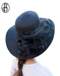 Fs Summer Church Hats for Women Elegant Pink Navy Organza Kentucky Derby Hat with Flower Foldable Large Wide Brim Beach Cap Q08051783221