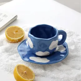 Mugs Blue Sky And White Clouds Coffee Mug Saucer Set Kawaii Style Afternoon Tea Cup Dish Snack Plate Creative Home Decorations