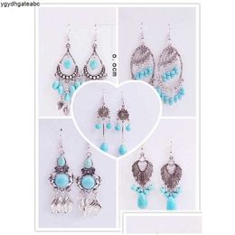 Dangle Chandelier European And American Retro Pattern Cross Earrings Long Paragraph Geometric Round Blue Turquoise Fashion Persona Dhnec 7C40