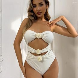 Women's Swimwear One Piece Swimsuit Bandeau Fashion Solid Color Flower Design Women Bathing Suit Cut Out Biquini