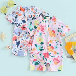 One-Pieces Toddler Girls Rash Guard Swimsuit Rompers Zipper Short Sleeve Floral Print Kids Bathing Suit Baby Swimwear H240508