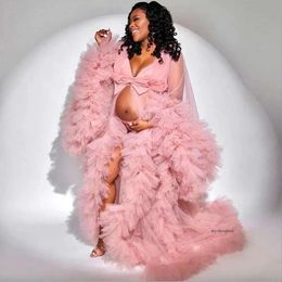 Afrikanische schwangere Frauen Rüschen Pink Tulle Kimono Abendkleid Robe für Fotoshootings geschwollene Ärmel Promkleider Cape Cloak Mutterschaftsfeier 0509