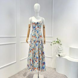 Casual Dresses 2024 Spring Summer Top Quality Latest Collection Linen Floral Printing Front Cut Out Midi Slip Lady