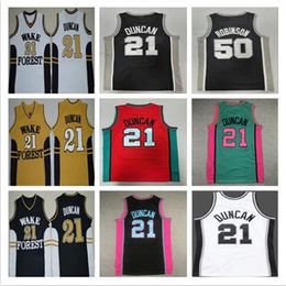 Mens 100% Stitched Tim 21 Duncan Wake Forest College Basketball Jerseys Stitched Pink Red Green Yellow Black White Vintage David 50 Robinson Jersey