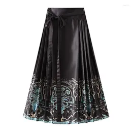 Skirts Elegant Horse Face Hanfu Women Vintage Printed Pleated Skirt High Waist Casual Lady Streetwear Daily Spring Summer