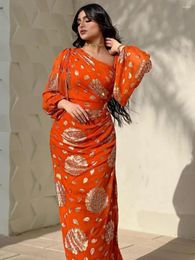 Ethnic Clothing Fashion Floral Gold Stamping Sexy Chiffon Dress Turkish Dubai Luxury Evening Party Elegant Puff Sleeve Gown