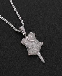 Iced Out Rose Flower Necklace Pendant Gold Silver Rosegold Cubic Zircon Bling Men Hip Hop Jewelry1042754