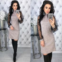 Casual Dresses 2024 Spring Women Vintage Lace Patchwork Straight Dress Elegant Long Sleeve Mini Sexy Office Lady