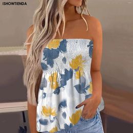 Women's T Shirts Floral Print Sleeveless T-shirt Women Tube Crop Tops Strapless Cute Sexy Blouse Holiday Pleated Shi