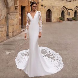 Long Sleeves Wedding Dress Mermaid V Neck Lace Appliques Bride Gowns Backless Bridal Dresses Turkey Vestido de noiva 0509