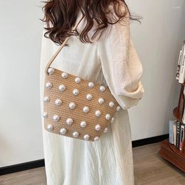 Totes Pearl Decor Design One Shoulder Bag Women's Grass Weaving Versatile Retro Crossbody Vacation Mobile Phone