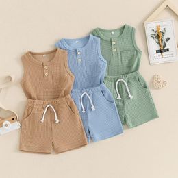 Clothing Sets Born Baby Boys Summer Solid Waffle Sleeveless Button Pocket Tanks Tops Elastic Waist Shorts Casual Outfits
