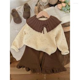 Clothing Sets Children's Knit Sweater Set Doll Collar Bowknot Design Casual Flower Edge Pullover Girls Korean Simple Pure Cotton Two-piece