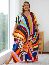 Colorful Butterfly Printed Women Loose Kaftan Boho Selling Oversized Beach Dress Beachwear Swimsuit Cover-ups Q1564