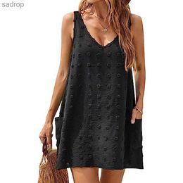 Basic Casual Dresses 2024 Summer Europe and N Womens Plus Size Chiffon V-neck Tank Top Fresh Sweet Jacquard Ball Strap Casual Dress Womens XW