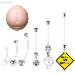 Navel Rings 6pcs Belly Button Rings14G Flexible Plastic Belly Bar With Zirconia And Pendant Heart Foot Maternity Pregnancy Belly Piercing d240509