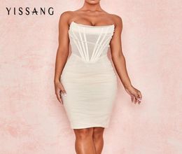 Casual Dresses Yissang White Strapless Sexy Bandage Mesh Midi Dress Women Off Shoulder Lined Club Party Summer Elegant Bodycon Sun1566778
