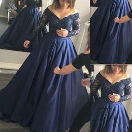 Prom Dress Dark Navy Blue Plus Size Evening Dresses Satin Appliqued Lace Off The Shoulder Long Sleeves A-line Special Ocn Party Gowns 0509