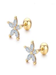 7Colors Cute Five Petals CZ Stones Flower Screw Back Stud Earrings For Women Baby Kids Girls Gold Color Piercing Jewelry Aros18755277