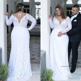 2021 Cheap Plus Size Deep V Neck Sheath Vintage Long Sleeves Wedding Dresses Bridal Gowns Sweep Train Spring Summer Wear Gown 0509