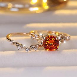 Wedding Rings Luxury Female Red Round Zircon Stone Engagement Ring Set Cute Gold Color Jewelry For Women