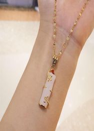 Real Gold Plated Stainls Steel Necklace Jewellery Long Bamboo Shape Pink Natural Jade Pendant Necklace for Women Girls255Z26344611454