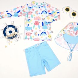 Suits Threepiece Long Sleeved Rabbit Printing Swimwear 2023 Girl Children's Swimwear Japanese Hat Children's Beach Suit HatShorts