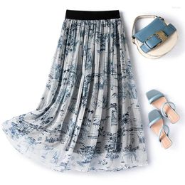 Skirts Women's High-Waist Long Skirt Mulberry Silk Printing Umbrella A-line Elastic Elegant Fashion Summer