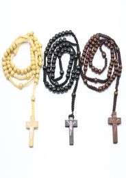 Whole1pc Men Women New Fashion Catholic Christ Wooden 8mm Rosary Bead Cross Pendant Woven Rope Necklace3601787