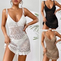 Summer Bathing Suit Cover Up For Women Hollow Out Bikinis Sleeveless Beach-Dress Sexy Deep V-neck Crochet Dress