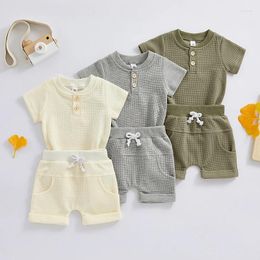 Clothing Sets Summer Born Infant Baby Boys Clothes Solid Colour Short Sleeve Button Up Waffle Romper And Casual Shorts