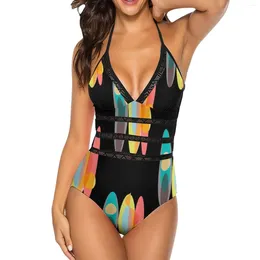 Women's Swimwear Surf Sexy Black Mesh One Piece Swimsuit Backless Cut Out Women Swim Bathing Suit Concept Abstract Art Solar Fun