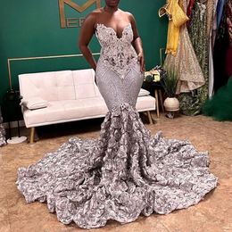 Silver Prom Dresses 2024 Blackgirl Crystal Mermaid Robe De Soiree Sheer Neck Evening Dress Sequin Party Gowns