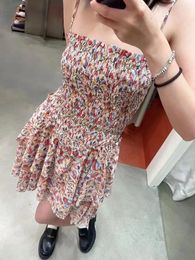 Casual Dresses Summer 2024 Women Sexy Sling Dress Floral Print High Waist Sleeveless 2 Colors Ladies Slim Stacked Ruffle Edges Mini
