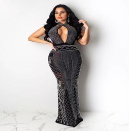 Women Sexy Floor Length Evening Dresses Black Rhine Halter Maxi Prom Dress Bling Plaid Sheer Mesh Hole Long Bodycon Party Dre7488605