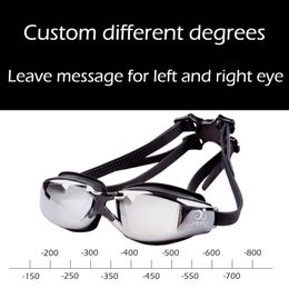 -1.5 to -8.0 adult Myopia silicone high-definition transparent coating anti fog swimming goggles customized to different degrees for left and right eyes 240507