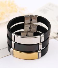 Bangle Stainless Steel Blank ID Tags Silicone For Engrave Silver ColorGoldenBlack Metal Plate Bracelet Whole 10pcs2562009