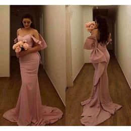 Nude Pink Big Bow Mermaid Maid Of Honour Elegant Off The Shoulder Long Bridesmaid Dresses Satin Wedding Guest Gowns L139 0509