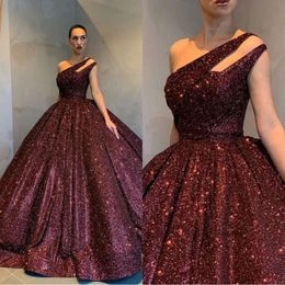 2021 Evening Reflective Dresses Bury Sleeveless Ball Gown Sequined One Shoulder Holiday Wear Celebrity Prom Gowns Plus Size Custom Made 0509