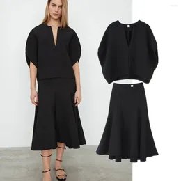 Work Dresses Maxdutti Minimalism Fashion Ladies Loose Batwing Sleeve Blouse Women Tops High Waist Midi Skirt Suits Two Pieces Sets