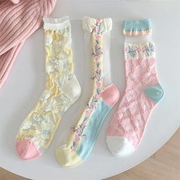 Women Socks 3 Pairs Korean Style Sweet Girls Floral Thin Breathable Soft Mixed-color Lace Cute Transparent Lolita
