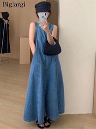 Casual Dresses Denim Summer Vests Dress Women Ruffle Pleated Retro Fashion Loose Ladies Korean Style A-Line Woman Long