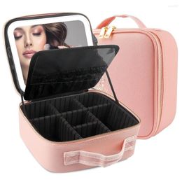 Storage Boxes Travel Makeup Case With Large Lighted Mirror Partitionable Cosmetic Bag Professional Artist Organiser Waterproof