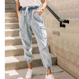 Women's Jeans Women Washed Lace-up Pants Casual Elastic Waist Ankle-Length Ladies Vintage Do Old Demin Mujer