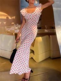 Casual Dresses Women Red Dot Print Robe Fashion Ruffles Square Collar Female Slim Sweet Midi Dress Spring Summer 2024