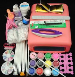 Nail Manicure Set Whole 36w Pink UV Lamp Dryer Gel Cleanser Plus Buffer Block Glue Oil Brush False Nails Tweezer Complete Kit2061600